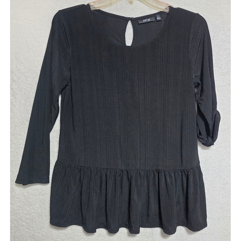 Apt 9 Black Ribbed Peplum Top Roll Tab Sleeve Keyhole Back XS